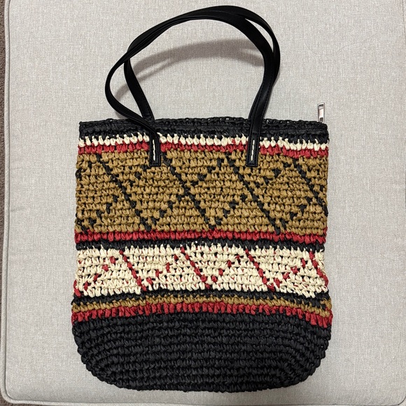 NWOT Woven Natural Material Bag-Black/Brown/Red/Cream-Faux Leather Straps-Lined - Picture 2 of 12